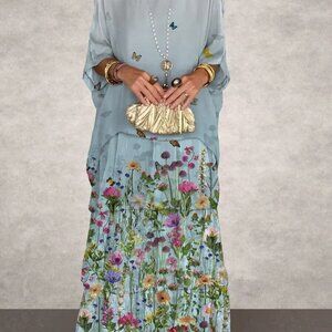 Elegant Floral Chiffon Cake Long Sleeve Maxi Dres